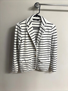 EUC Lauren Ralph Lauren Cotton-Blend Stripe Knit Blazer White & Black Small